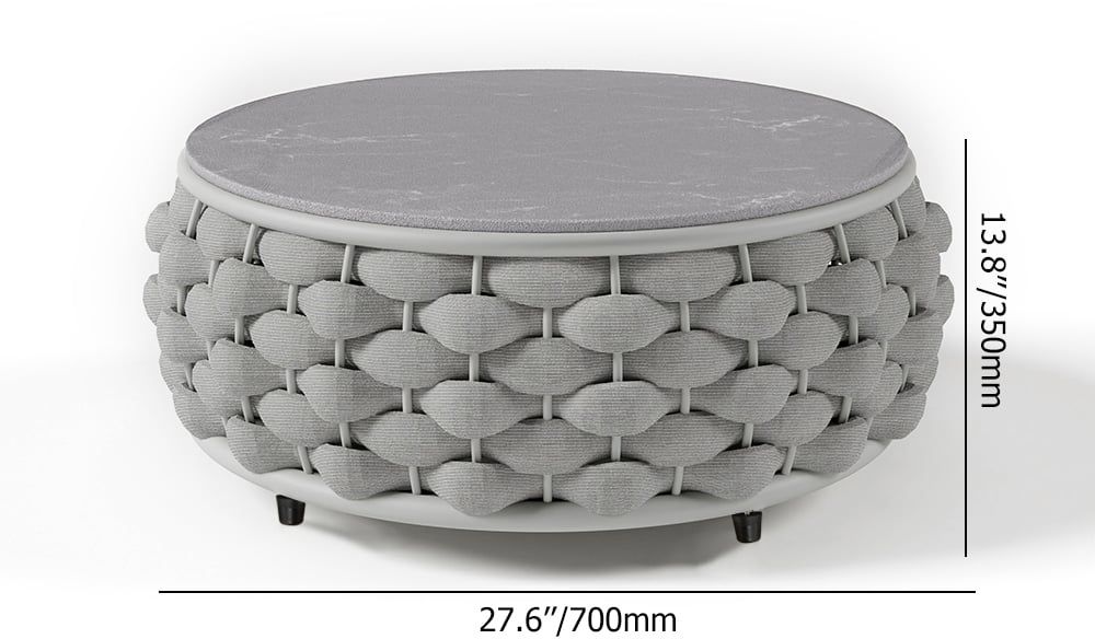 HMR Tatta Modern Faux Marble Top Round Outdoor Coffee Table with Textilene Rope Woven Base - Gray, With Storage
