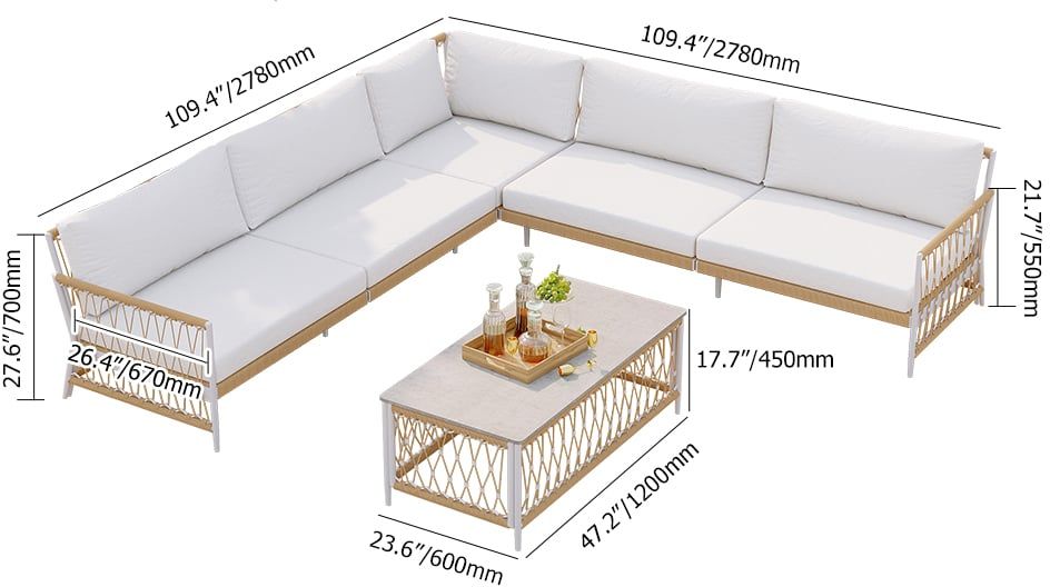 HMR - Ropipe 4-Pieces L-Shaped Woven Rope Outdoor Sectional Sofa Set in Khaki & White For 5