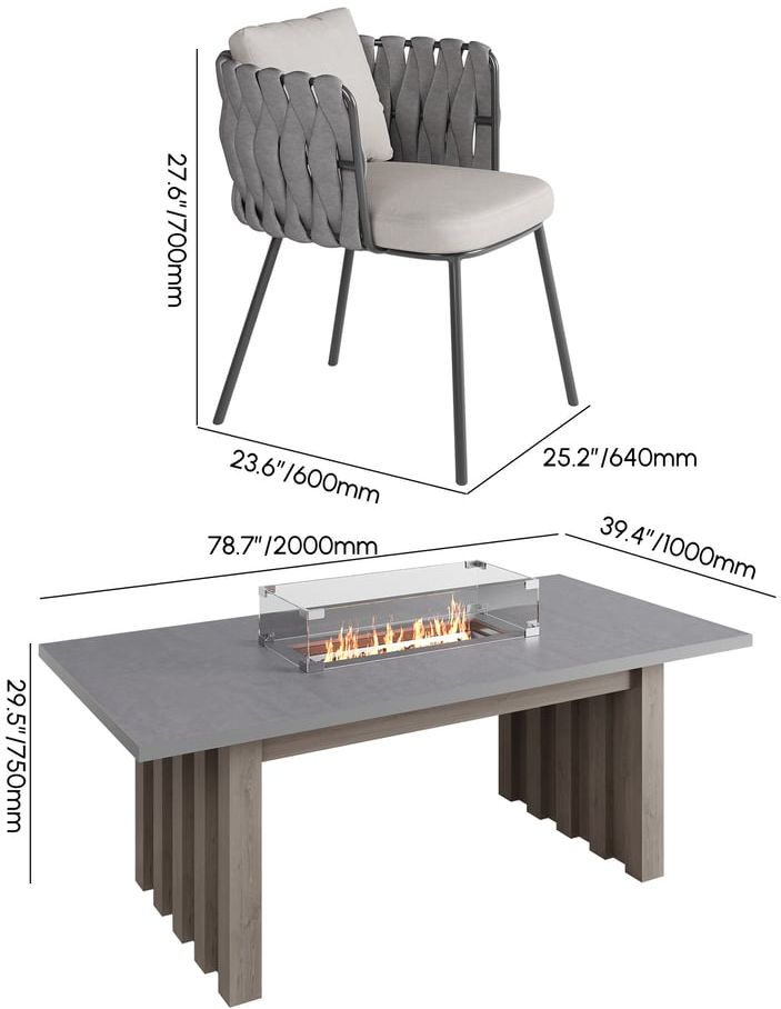HMR - 7 Pieces Gray Aluminum Outdoor Fire Patio Dining Set with Woven Armchair