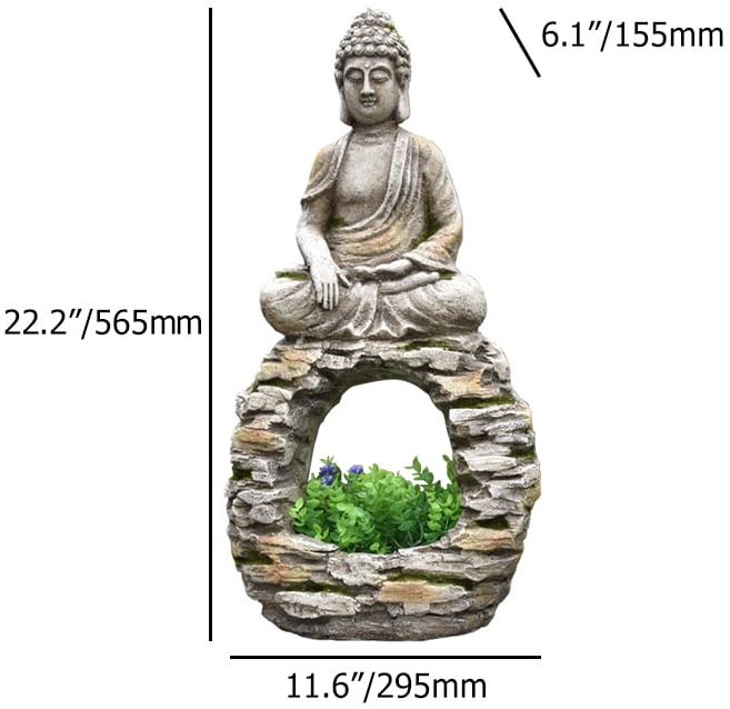 HMR - 22.2" Garden Buddha Statue Outdoor Gray Resin Sculpture Decor Art Flower Pot Planter