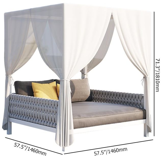 HMR - White Aluminum & Gray Woven Rope 2-Person Outdoor Patio Daybed with Canopy Curtains
