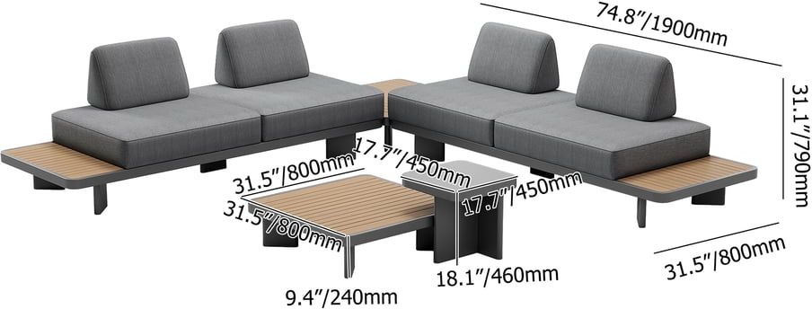 HMR 5-Pieces Outdoor Modular Sectional Sofa Set with Coffee Tables - Gray
