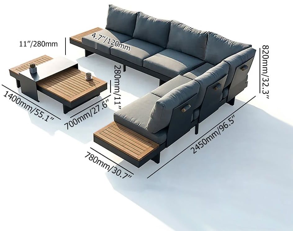 HMR 7-Pieces Modular Teak Outdoor Sofa Set with Smokeless Fire Pit for 6 Person - Gray