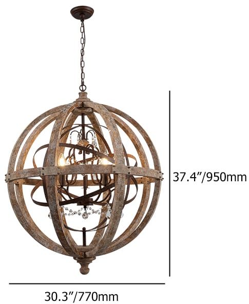 HMR Retro Globe Weathered 5-Light Chandelier with Crystal Accents - Rust, Large