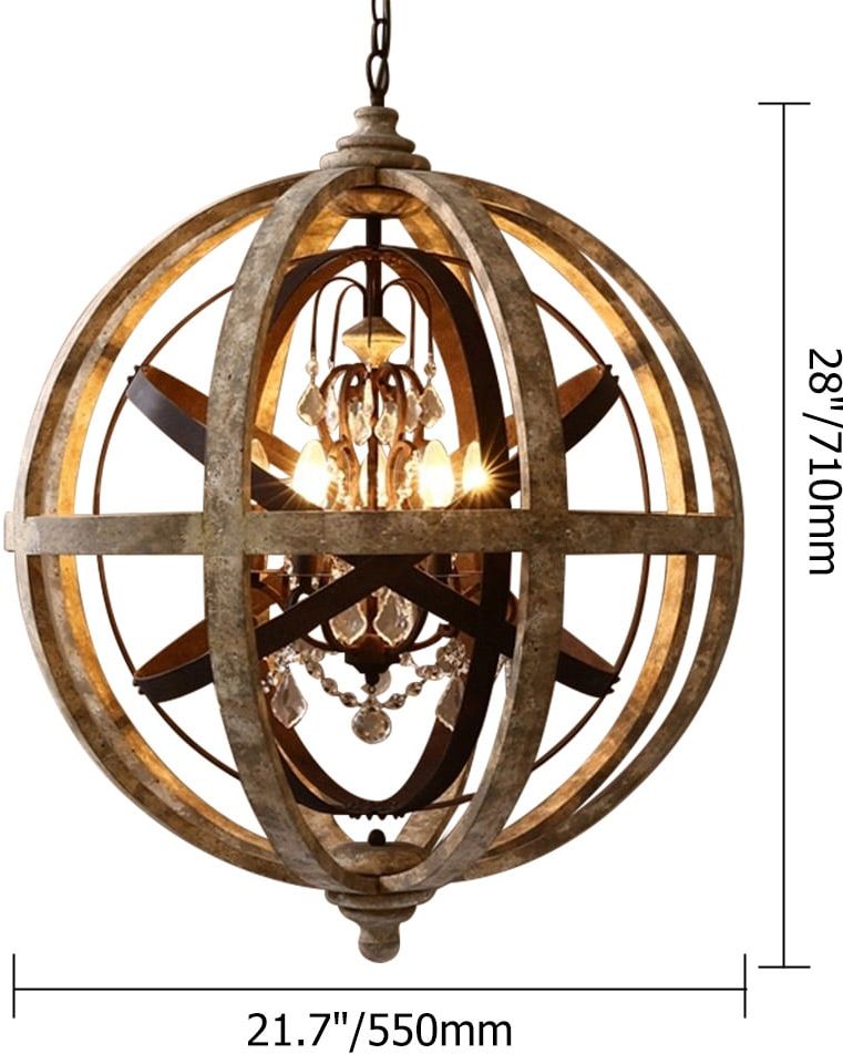 HMR Retro Globe Weathered 5-Light Chandelier with Crystal Accents - Rust, Medium