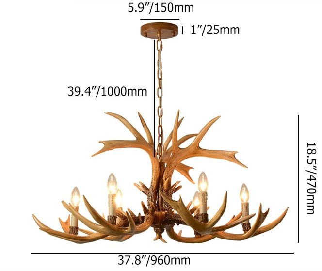 HMR - Vintage Resin Deer Horn Antler 6-Light Large Rustic Ceiling Chandelier in Gold