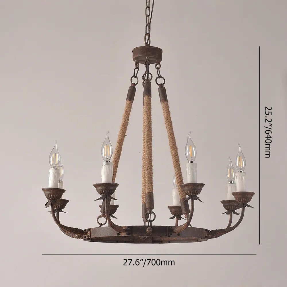 HMR - Candlely Hemp Rope and Metal 8-Light Round Chandelier in Rust