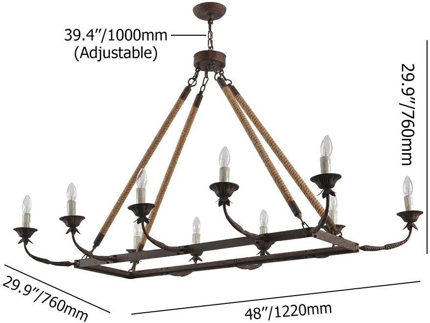 HMR - Candlely 10-Light Rectangular Linear Chandelier with Hemp Rope in Rust