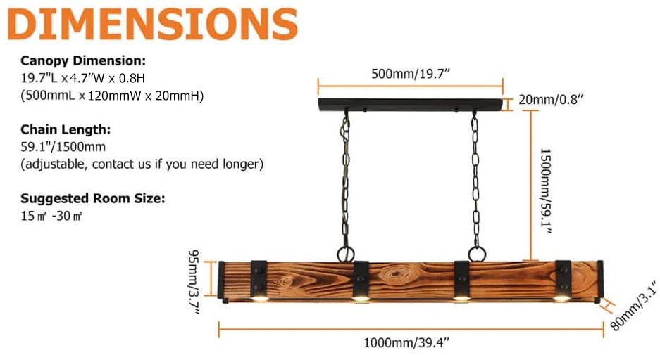 HMR - Rowen Industrial 4-Light LED Linear Rust Wood and Metal Pendant Light in Rust