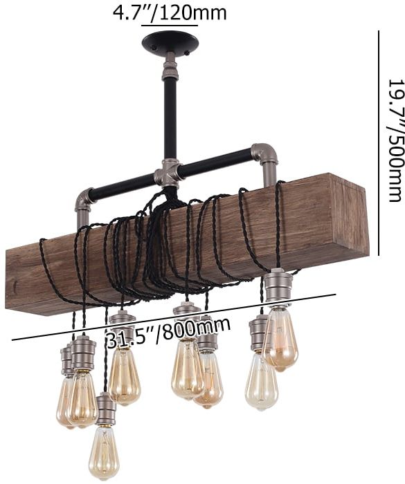 HMR - Industrial Pendant Light with Wood Beam and Plumbing Pipe in 8-Light