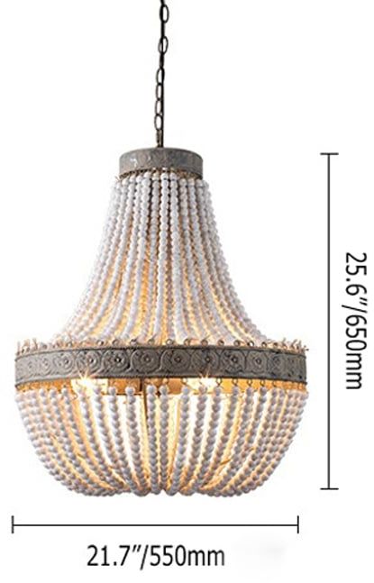 HMR - Farmhouse Rustic Wrought Iron Pendant Light with Wood Beads in White