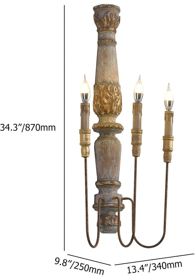 HMR - 3-Light Candle Wall Sconce Distressed Carved Design in Natural