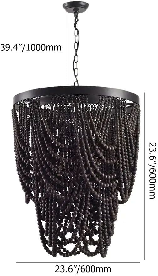 HMR - Rustic Wooden Cascade 3-Light Bead Chandelier in Black