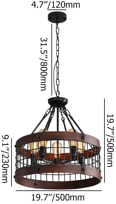 HMR - Farmhouse Wood Circle Metal Cage 5-Light Chandelier with Exposed Bulbs in Black