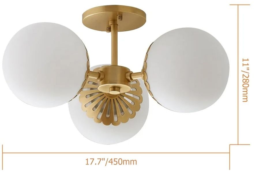 HMR - 3-Light Semi Flush Mount Light with Globe Shade in Gold