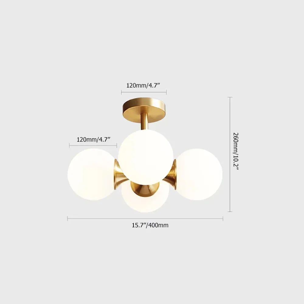 HMR - Globerg 4-Light Semi-Flush Mount Globe Shade Chandelier in Brass