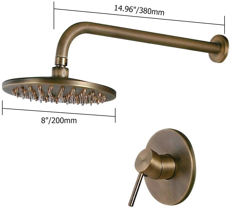 HMR - Round Rain Showerhead Wall Mount Shower System in Antique Brass