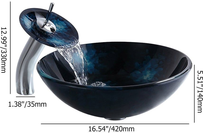 HMR - Circular Vessel Sink Faucet Pop-Up Drain in Dark Blue, Tempered Glass