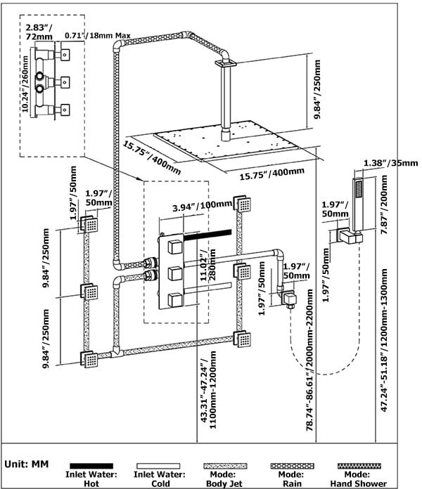 HMR - Square Ceiling-Mount Shower Head with 6 Body Sprays and Wall Mounted Handshower System in without LED