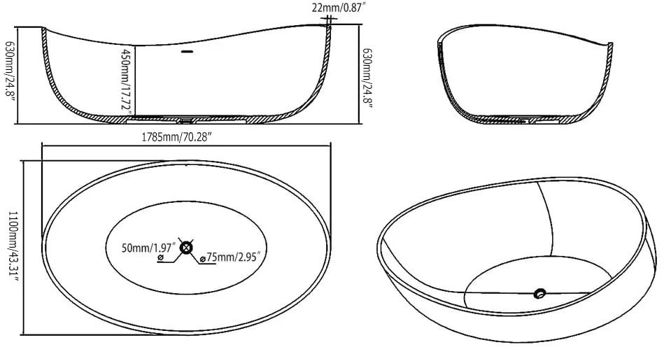 HMR 70" Modern Oval Freestanding Stone Resin Soaking Bathtub - Matte White
