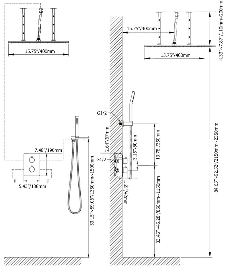 HMR - Thermostatic Solid Brass Rain Shower System with Hand Shower in 16", Polished Chrome