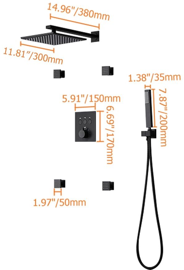 HMR - Black Thermostatic Shower System with 4 Body Jets and Hand Shower in Shower Head 12"