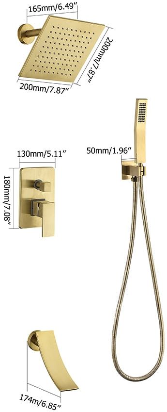 HMR - Waterfall Tub Spout Shower Faucet Set with Rain Shower Head Wall Mounted in Brushed Gold