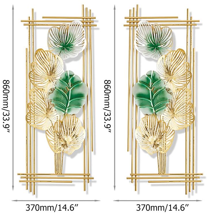 HMR - 2 Pieces Metal Leaf Framed Wall Decor in Gold and Green