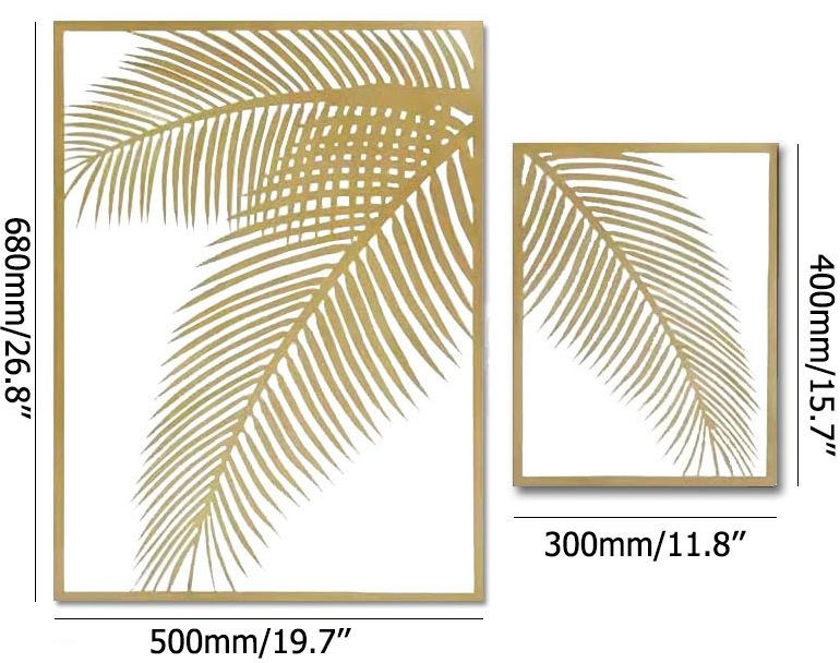 HMR - 2 Pieces Metal Wall Decor Rectangular Palm Leaf in Gold