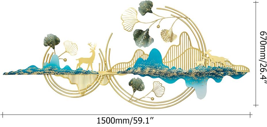 HMR - Metal Wall Decor with Deer and Mountain and Leaves in Gold and Blue and Green