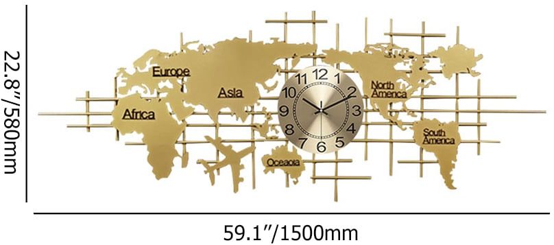 HMR - Oversized World Map Wall Clock Metal Home Decor in Gold