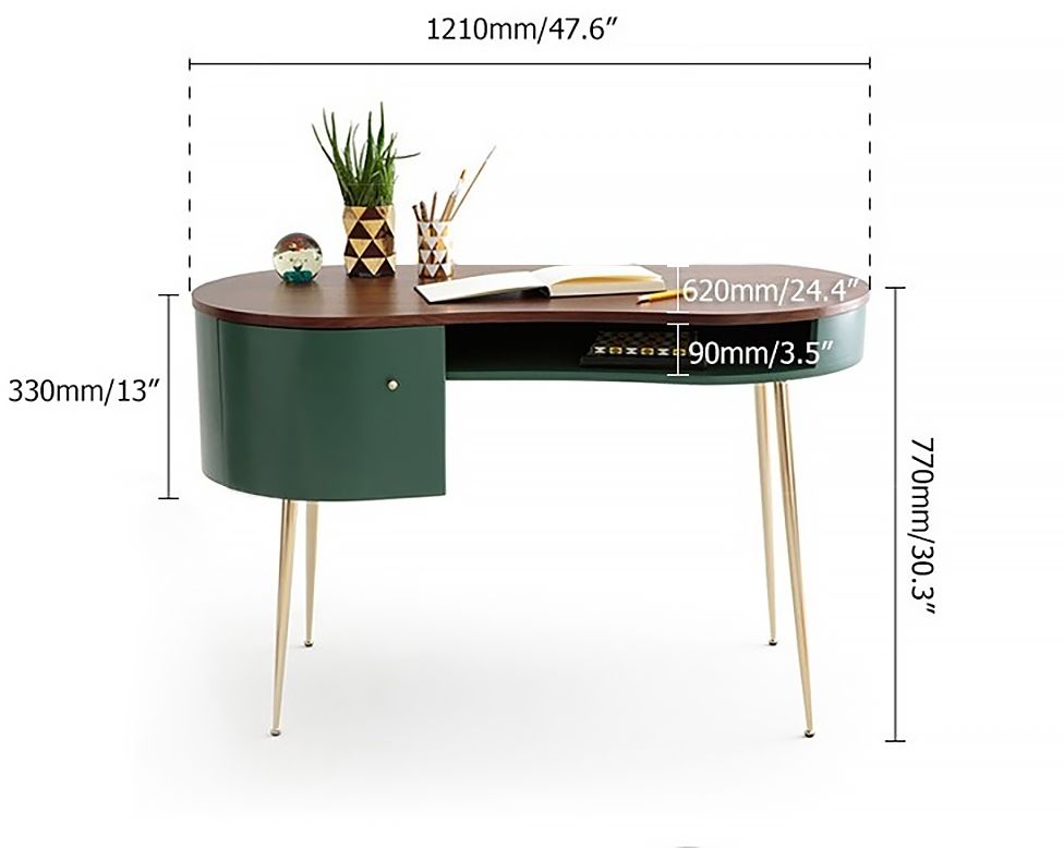 HMR - Curved Office Computer Desk with Shelf and Storage in Green and Gold