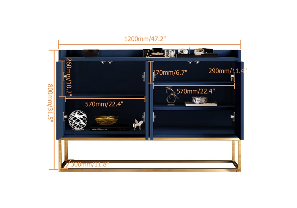 HMR Modern 47" Sideboard Buffet with 4 Doors - Blue/Gold