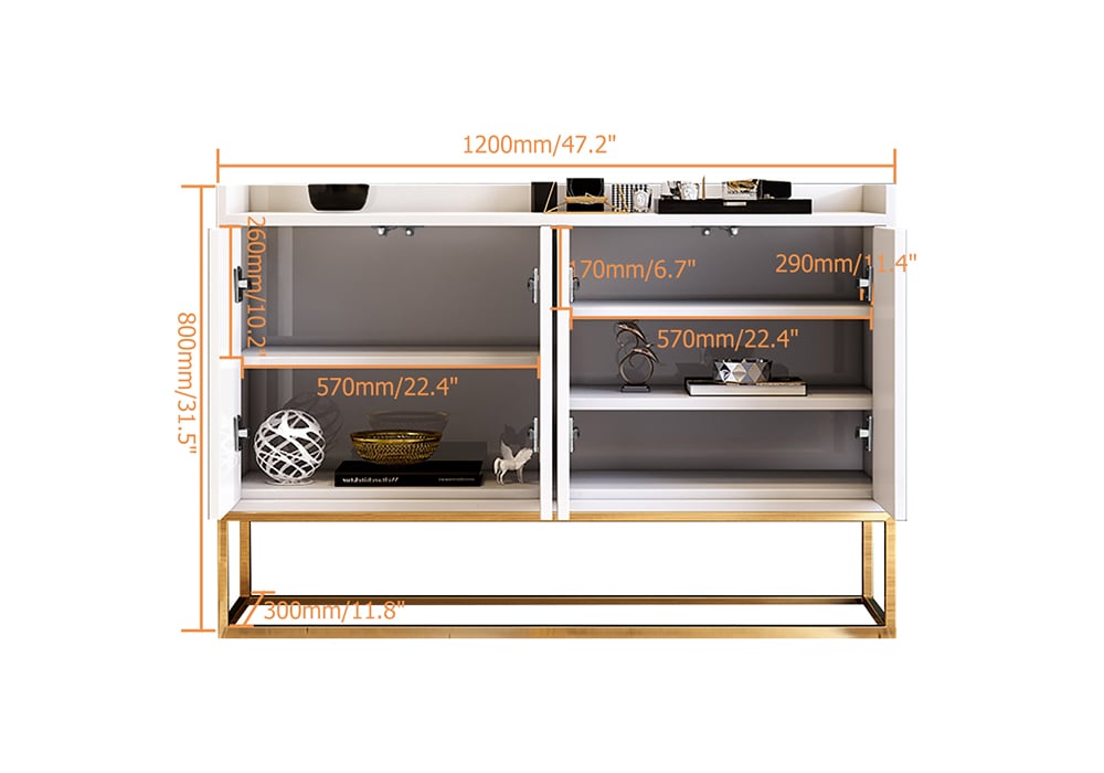HMR Modern 47" Sideboard Buffet with 4 Doors - White/Gold
