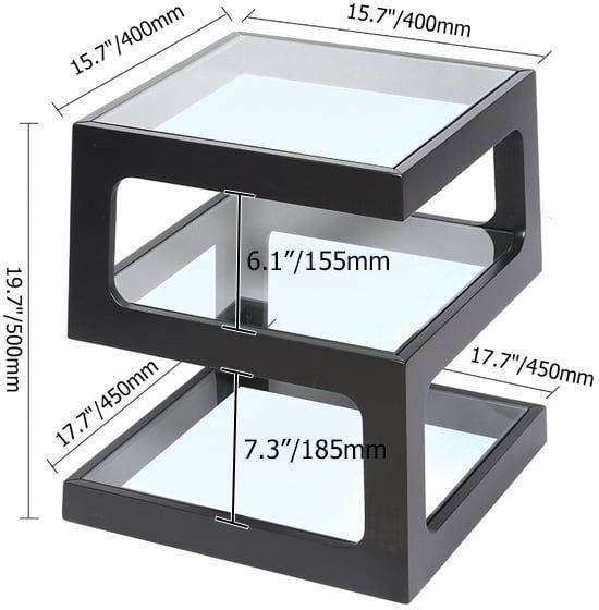 HMR Modern Glass End Table with 3 Tiers - Black