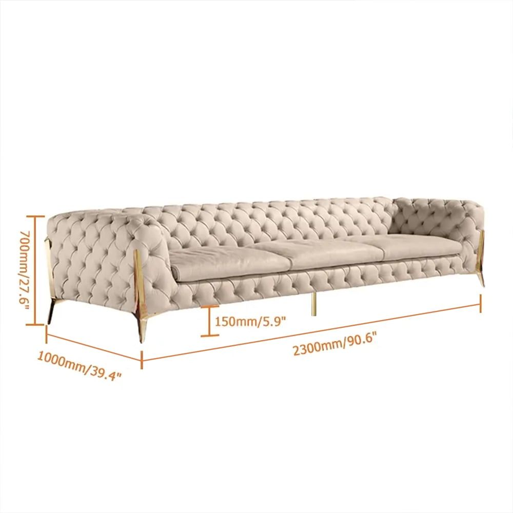 HMR - Chesterfield 3-Seater Sofa Button Tufted Velvet in 91"W, Beige