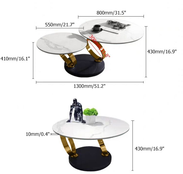 HMR Modern Extendable Coffee Table with Ring-Shaped Metal Pedestal - Gold