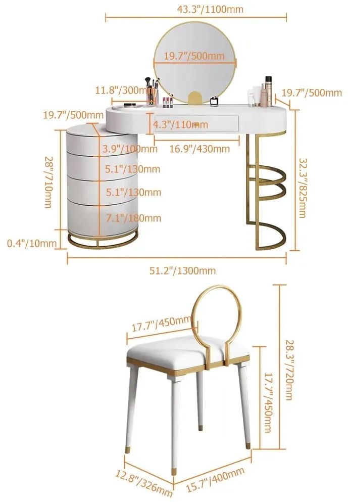 HMR - Vanity Table with 4-Drawer Swivel Cabinet and Mirror and Chair Included in White
