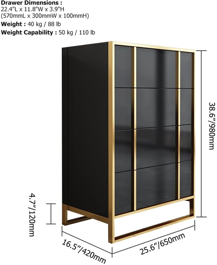 HMR Rimh Series Modern Chest with 4 Drawers - Gold/Black