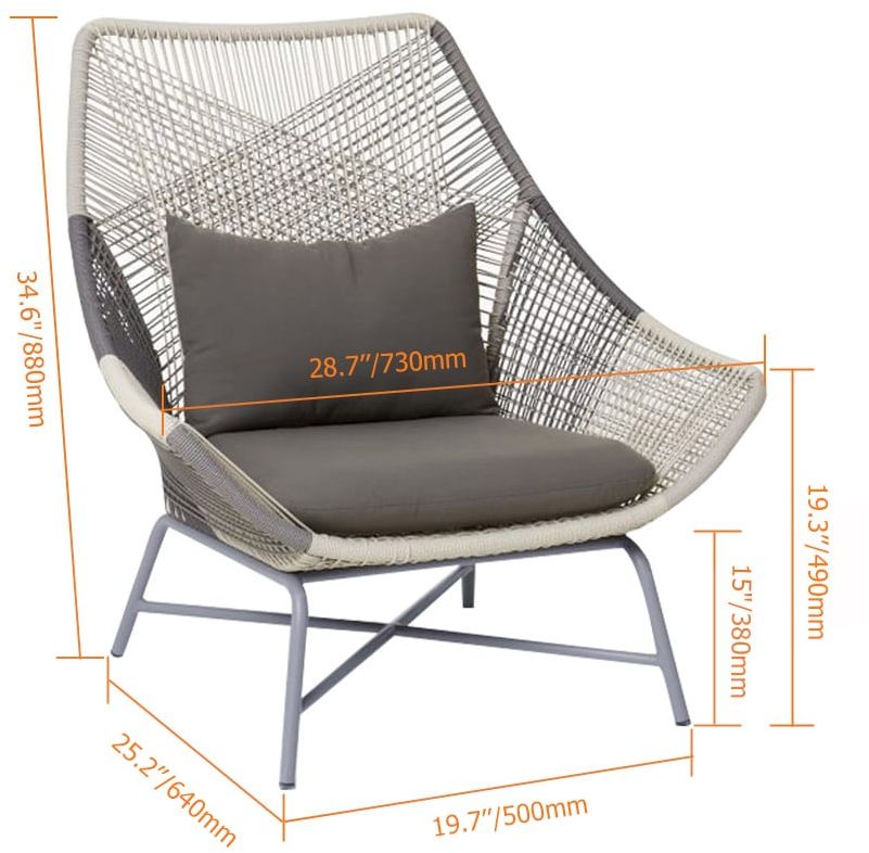 HMR - Outdoor PE Rattan Patio Armchair with Cushion Pillow (Set of 2) in Gray