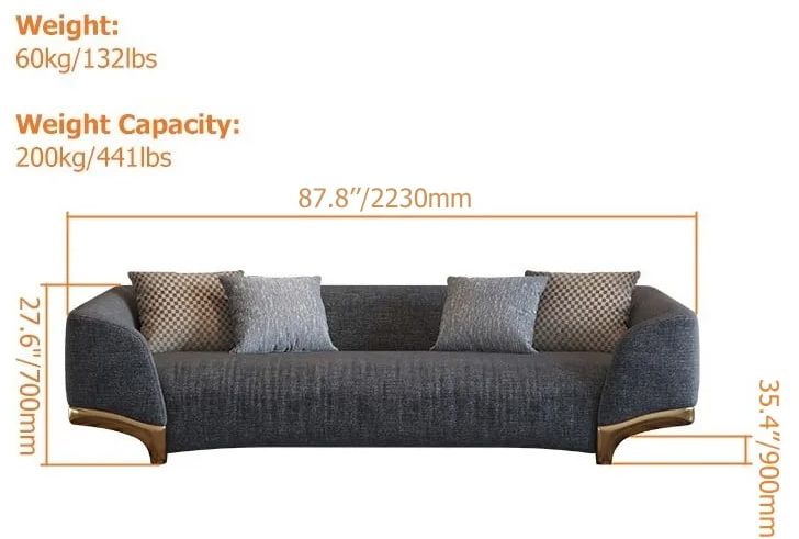 HMR - 3-Seat Cotton and Linen Upholstered Sofa with Pillows and Legs in 87"W, Gray and Gold