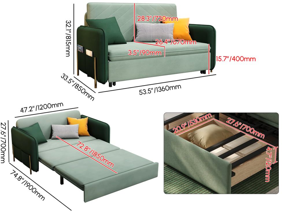 HMR Full 2-Seater Sleeper Sofa - Green/Gold, Velvet
