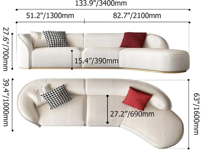 HMR - Curved Sectional Upholstered 5-Seater Sofa in 134" W, White