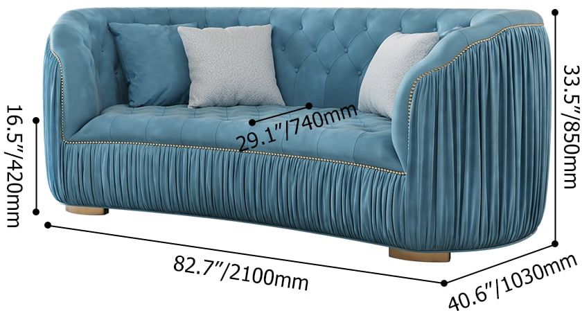 HMR - Velvet Upholstered 3-Seater Sofa in 83"W, Blue