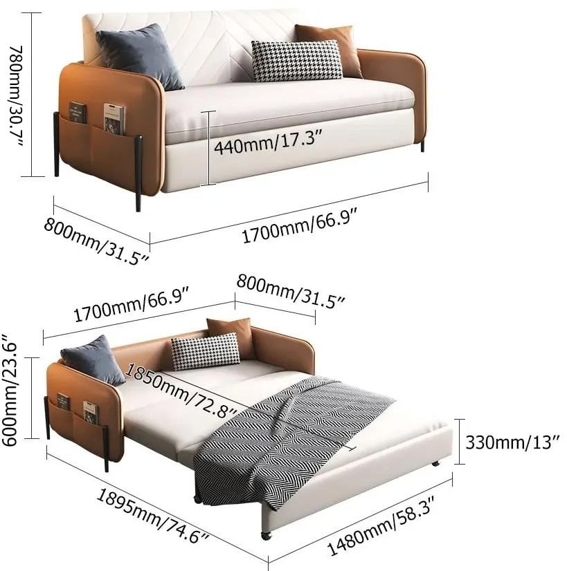 HMR - Convertible Sofa Bed Upholstered with Storage Pocket in 67"L, Brown and White