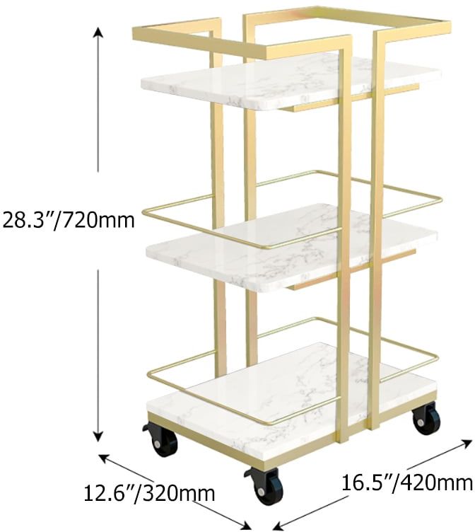 HMR - 3-Tier Rectangular Rolling Bar Cart with Wheels in Gold