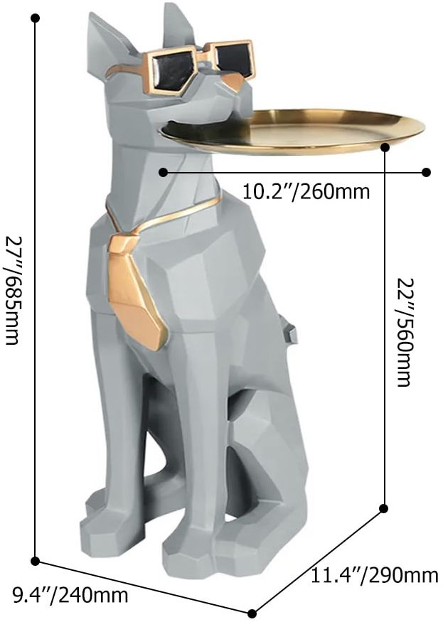 HMR Dog Sculpture Resin Side Table with Tray Top & Tissue Box - Gray