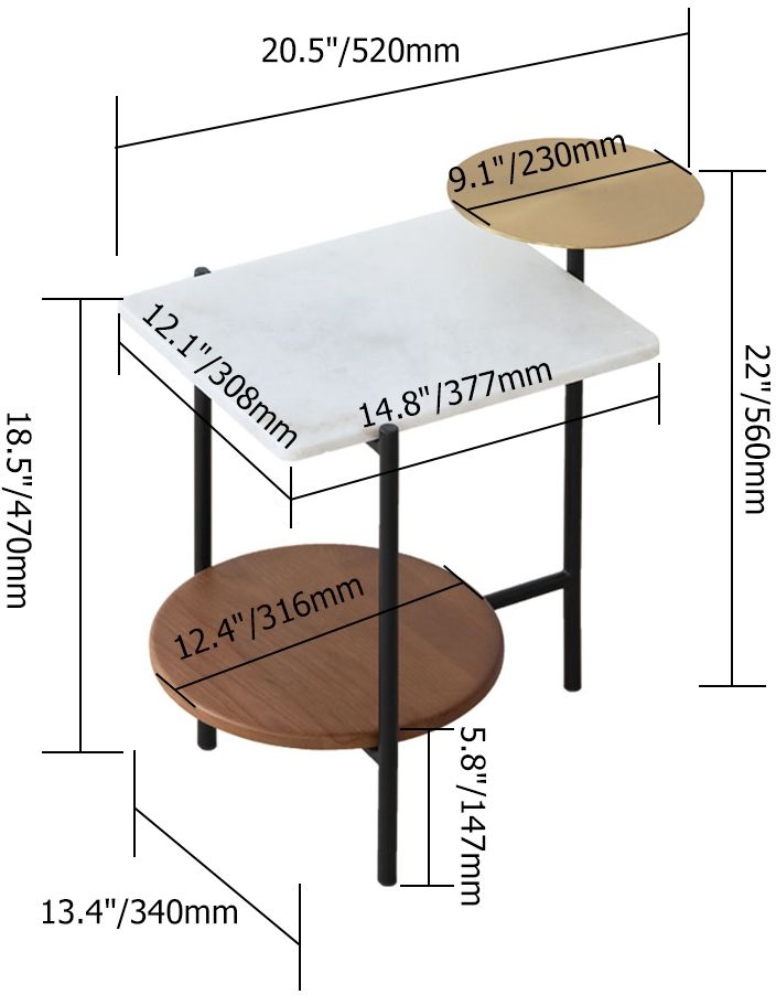 HMR - White Wood and Marble End Table with 3 Tiers in Gold and Walnut