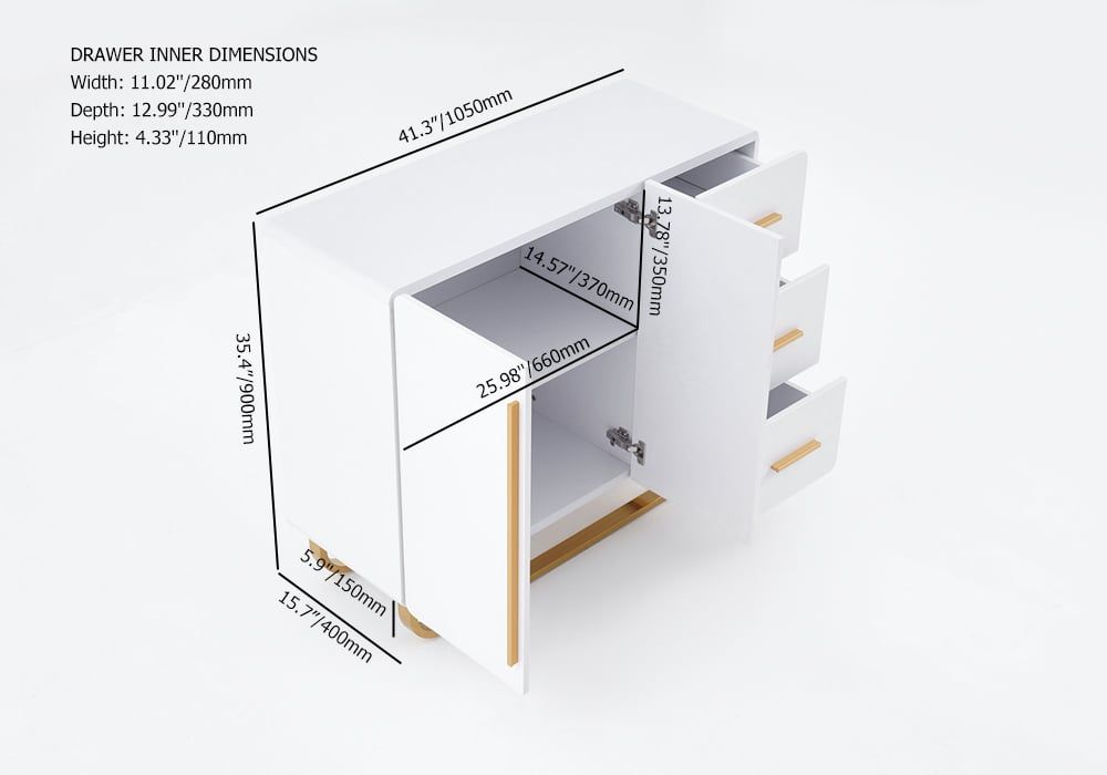 HMR - Nordic Buffet with Doors and Drawers and Adjustable Shelf in Small in White, 41.3"W
