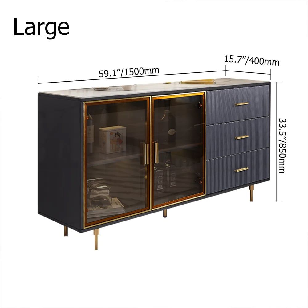 HMR Cofab Sideboard Sintered Stone Top Luxury Buffet Tempered Glass Doors - Blue, 59"